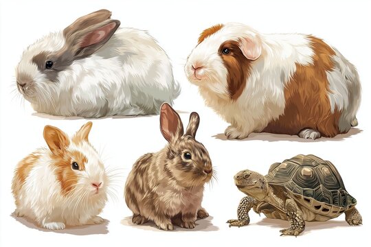 Cute and fluffy pets a collection of adorable rabbits and guinea pigs with a tortoise on a soft white background