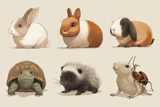 Charming collection of adorable small animals including rabbits tortoise and hedgehog in a whimsical illustration