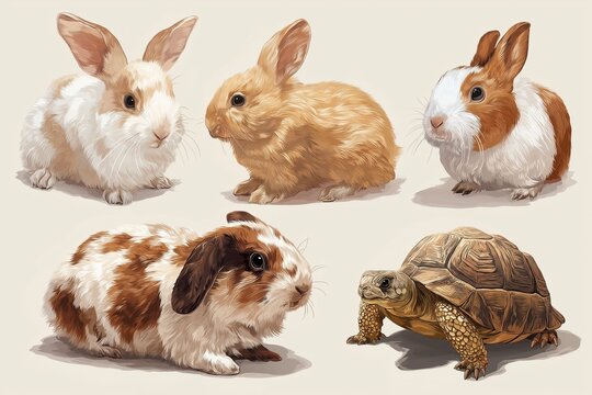 Delightful artwork showcasing adorable pets with playful bunnies and a friendly turtle in a whimsical setting