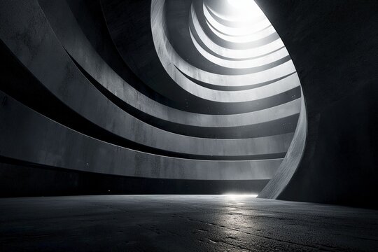 Abstract architectural space with curved structures and dramatic lighting in a minimalist environment