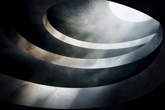 Abstract light and shadows in a circular structure with a mystical atmosphere and soft smoke effects