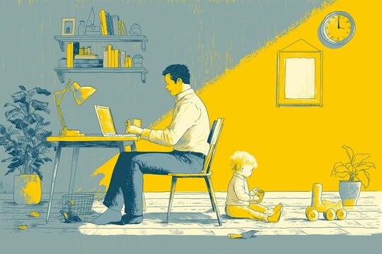 A father working from home while his child plays a modern family scene of remote work balance and parenting in a cozy setting