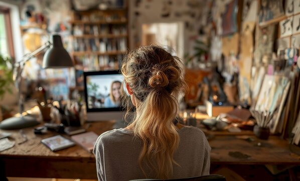 Creative individual engaged in virtual meeting at home office with artistic decor and cozy atmosphere