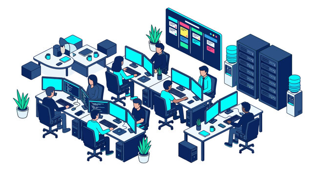 Isometric Illustration of Software Developers Working in Modern Office
