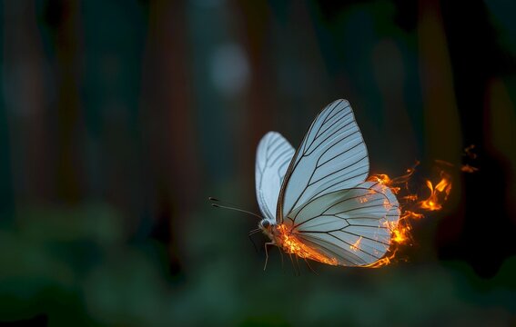 A breathtaking close up of a white butterfly showcasing vibrant fiery wings set against a beautifully blurred forest backdrop
