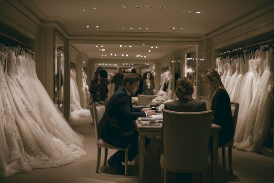 Couple consulting with a designer in a stylish bridal boutique filled with an array of beautiful wedding dresses