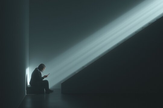 Contemplative moment a person sitting in dim light with rays illuminating the space capturing solitude and reflection