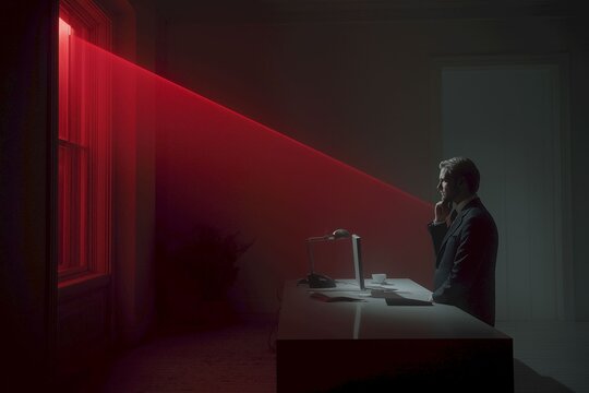 A business professional in a dark office setting illuminated by a striking red laser beam symbolizing focus urgency and modern technology.