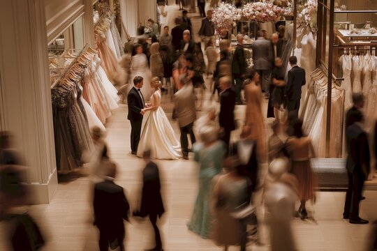 A couple dressed in wedding attire surrounded by a bustling bridal boutique filled with shoppers and beautiful gowns on display