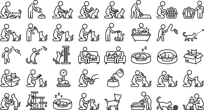 Set of stick figure icons showing people practicing parasailing and water sports activities with boats and parachutes in a collection of simple black and white design symbols