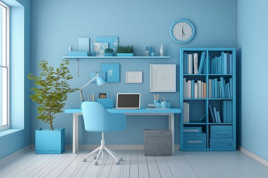 A bright and airy blue home office setup featuring modern desk shelves and cozy plants for a productive work environment