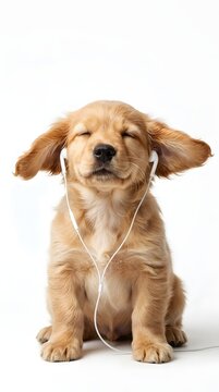 Adorable Golden Retriever Puppy Wearing Earphones Enjoying Music Isolated on White Background for Pet Care, Entertainment, Animal Humor, and Lifestyle Marketing