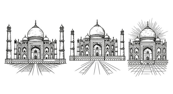 Elegant Taj Mahal illustration with sketch effect and perspective views