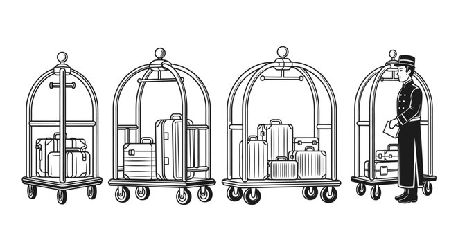 Bellboy with luggage trolley carrying various suitcases and bags
