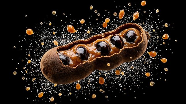 Delicious chocolate eclair with caramel and nuts exploding in air