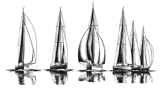 Four sailing boats with different rigging styles on calm water