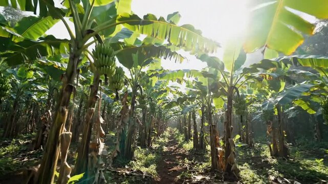 Lush banana plantation bathed in sunlight, a tranquil view of nature's bounty and healthy growth