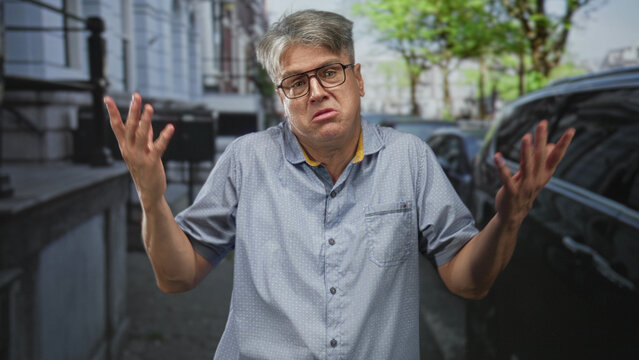 Man wearing glasses with hands raised and frowning on street near parked car; frustration resignation solitude.