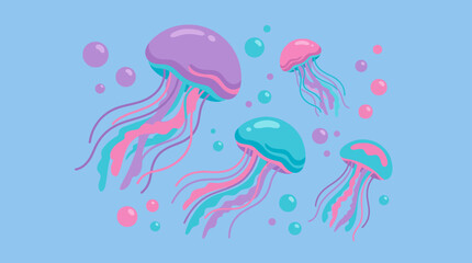 Colorful jellyfish group swimming in blue water. © Muhammad