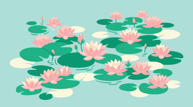 Pink water lilies floating on turquoise pond water illustration