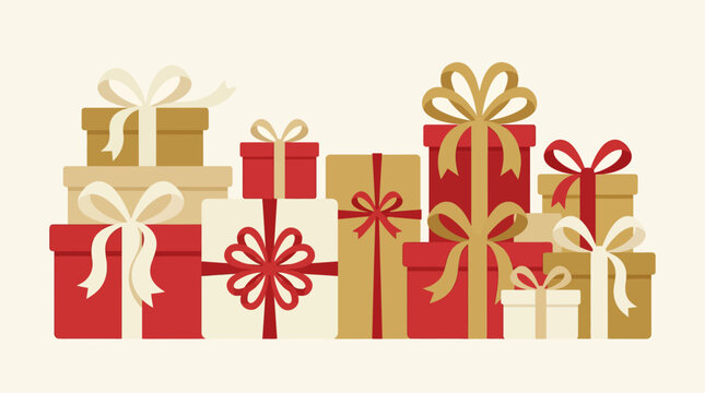 Stacked red and gold gift boxes with ribbons.