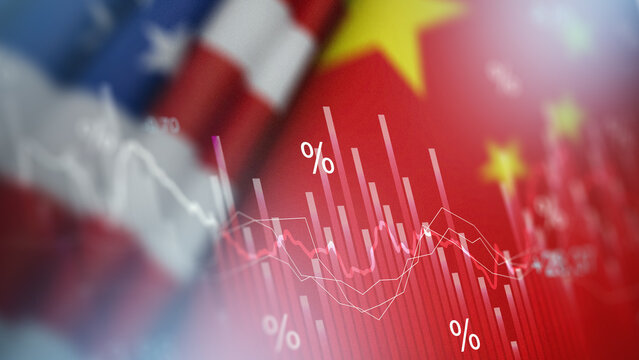 Data on money changes and economy trends shown with flags of US and China in the background