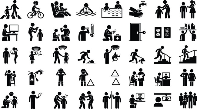 Set of black stick figure icons showing people relaxing and resting in comfortable hammocks in various poses like reading sleeping sitting and playing during summer vacation time