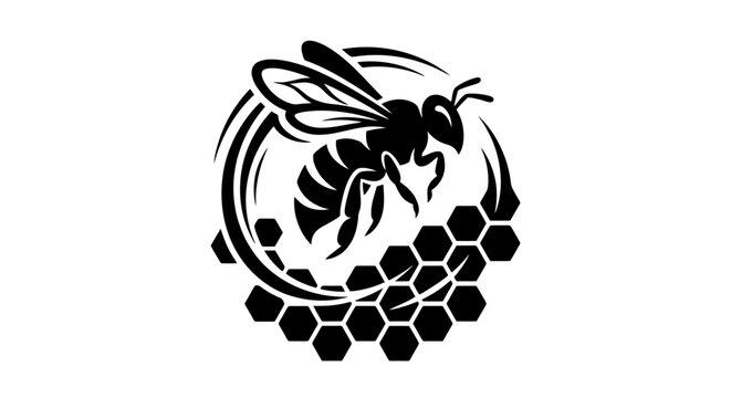 Black silhouette of a bee on honeycomb.