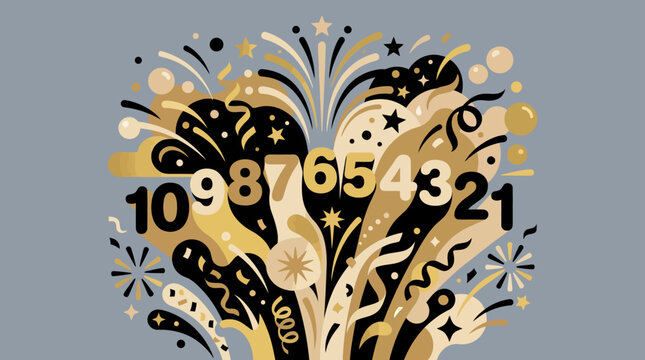 New Year countdown with golden fireworks and exploding numbers