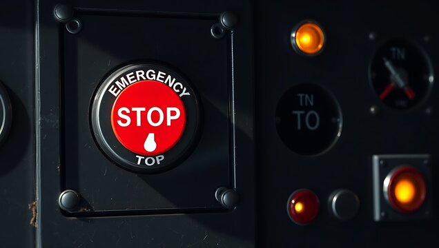 Detailed view of an emergency stop button and various gauges on a control panel dials buttons