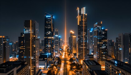 Obraz premium Night cityscape with towering skyscrapers glowing under artificial lights
