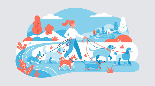 Professional dog walker exercising several dogs in a park.