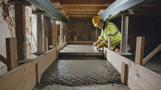 Adult Caucasian male contractor levels fresh concrete inside a basement foundation using a tool.
