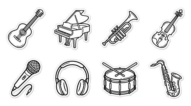 Set of hand drawn musical instruments including guitar, piano, trumpet, violin, microphone, headphones, drums and saxophone. Cute doodle vector stickers for design, music school, hobby.