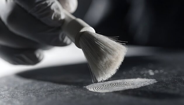 Forensic brush dusting a fingerprint on a dark surface crime scene investigation