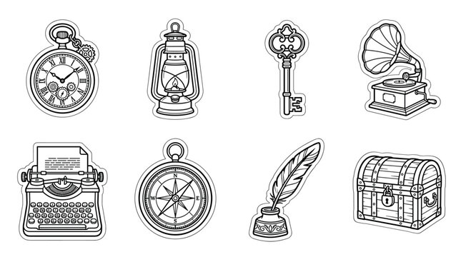 A collection of vintage object stickers featuring a pocket watch, lantern, key, gramophone, typewriter, compass, quill, and treasure chest. Perfect for creative scrapbooking projects.