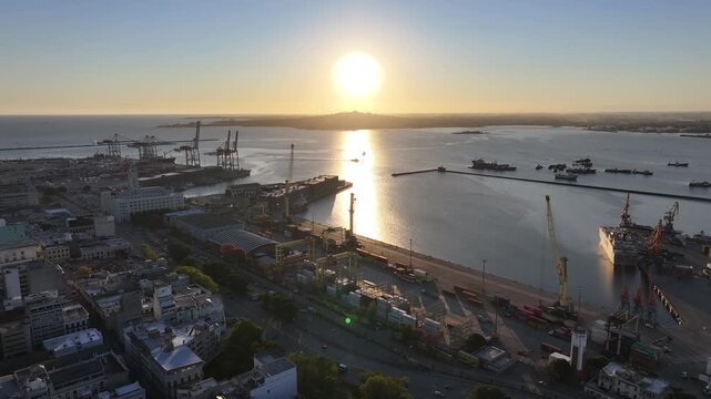 Sunset Port Of Montevideo In Montevideo Maldonado Uruguay. Aerial View Of Stunning Beach With Crystal Clear Waters. Sunrise Landmark Town. Downtown Cityscape. Montevideo Maldonado.