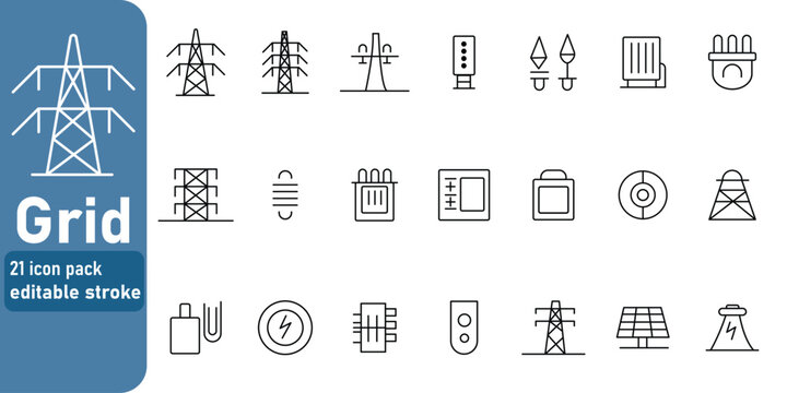 An editable stroke vector icon collection displays essential components of electric power grids covering energy generation transmission and distribution systems