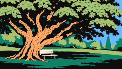 Fototapeta premium Large tree with bench in a peaceful green park