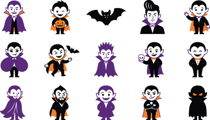 Fototapeta premium Halloween vampire icon collection featuring classic Dracula characters, cute spooky mascots and flat cartoon vector illustration set