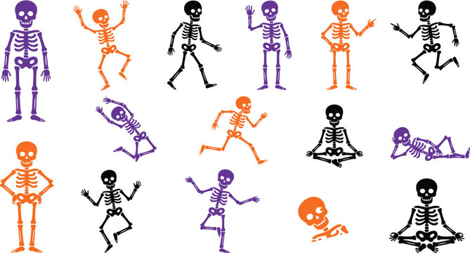 Halloween skeleton character icon collection featuring playful cartoon skeletons in expressive action poses with flat vector illustration set