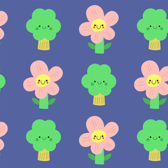 Fototapeta premium Playful vector repeating backdrop with happy cartoon nature characters for kids summer clothing.