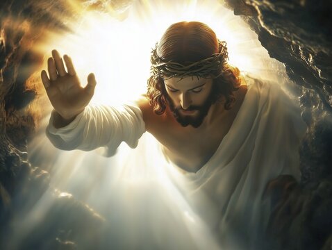 The resurrection of Jesus Christ. A portrait of Jesus bathed in divine light at the moment when he leaves the rock tomb to announce his resurrection to the world. AI generated, AI generated, AI generated