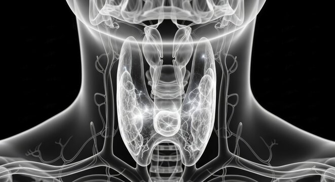 Detailed 3D rendering showcasing the thyroid gland, parathyroid glands, trachea, and blood vessels in the neck region, AI generated