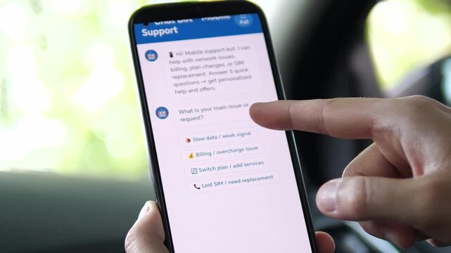 Solving mobile network issues with AI. Person using a smartphone chatbot assistant inside a car to fix signal and billing problems. Ideal for tech reviews, telecom marketing, and futuristic digital