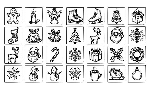 Vintage chalk texture Christmas collection with retro hand drawn line ink sketches isolated on white