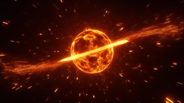 Fiery sun-like celestial body with swirling energy streams and glowing particles in deep space star