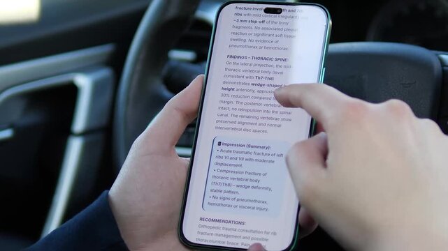 Patient reviews medical examination results on a smartphone inside a car. Detailed scrolling of X-ray report and radiologist findings. Ideal for telehealth, digital healthcare, and patient portal