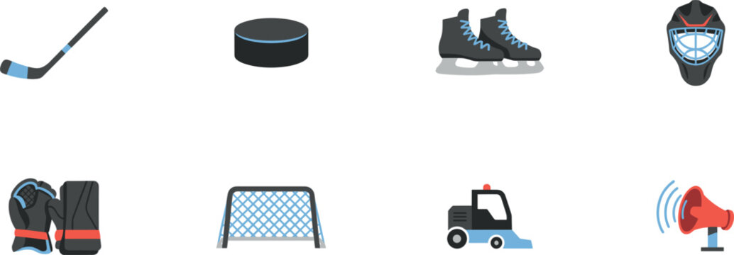 Ice Hockey Sport Game Equipment Icon Set with Hockey Stick Puck Ice Skates Goalie Mask Net Pads Zamboni and Siren Vector Elements