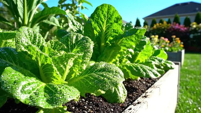 Lush green lettuce plants with water droplets growing in a raised wooden garden bed on a sunny day